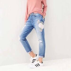 7 FOR ALL MANKIND JOSEFINA FLORAL EMBROIDERED DISTRESSED BOYFRIEND JEANS SZ 27